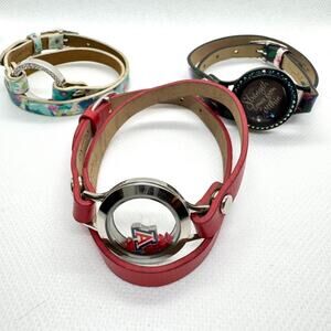 Lot of 3 Origami Owl Leather Wrap Bracelets with Lockets Charms Red Black Floral